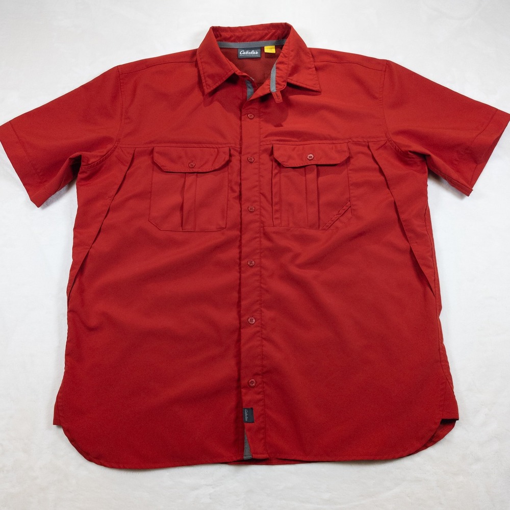 Cabela's Short Sleeve Fishing Shirt Men L Red Outdoor Utility Gorpcore Granola‎